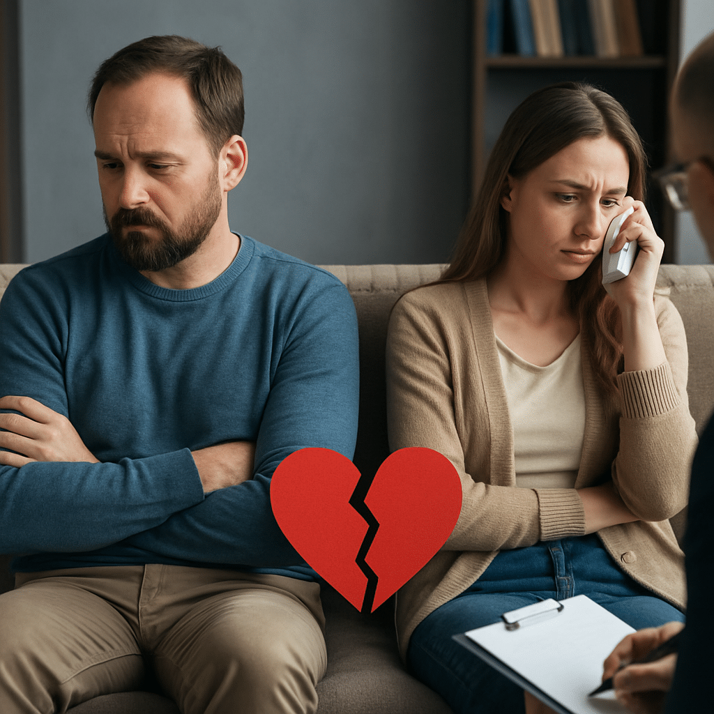 Wenn Paartherapie zu spät begonnen wird- ein verzweifeltes Paar in der Therapiesitzung
